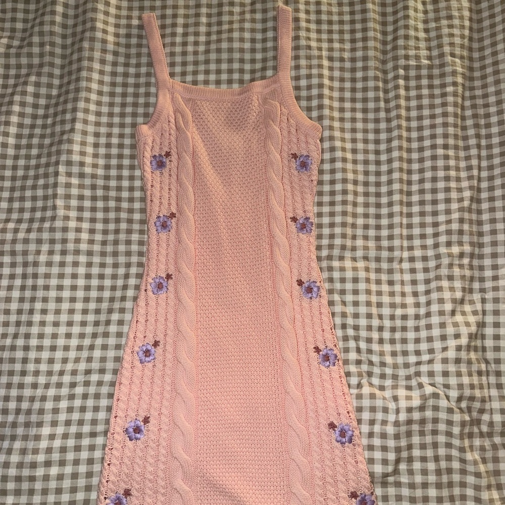 Sabo Skirt Pink Knit Mini Dress with Purple Floral Details